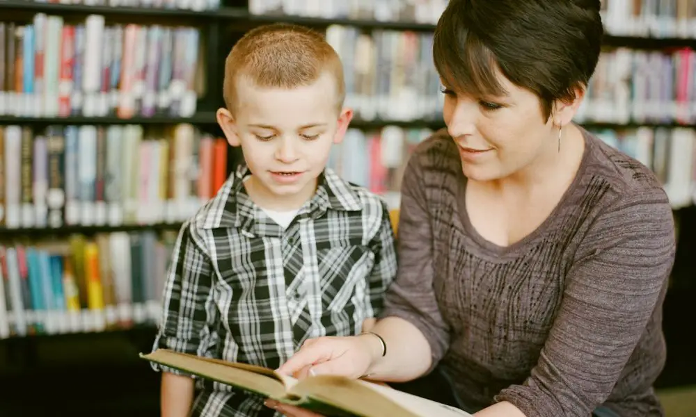 boy in gray sweater beside boy in gray and white plaid dress shirt