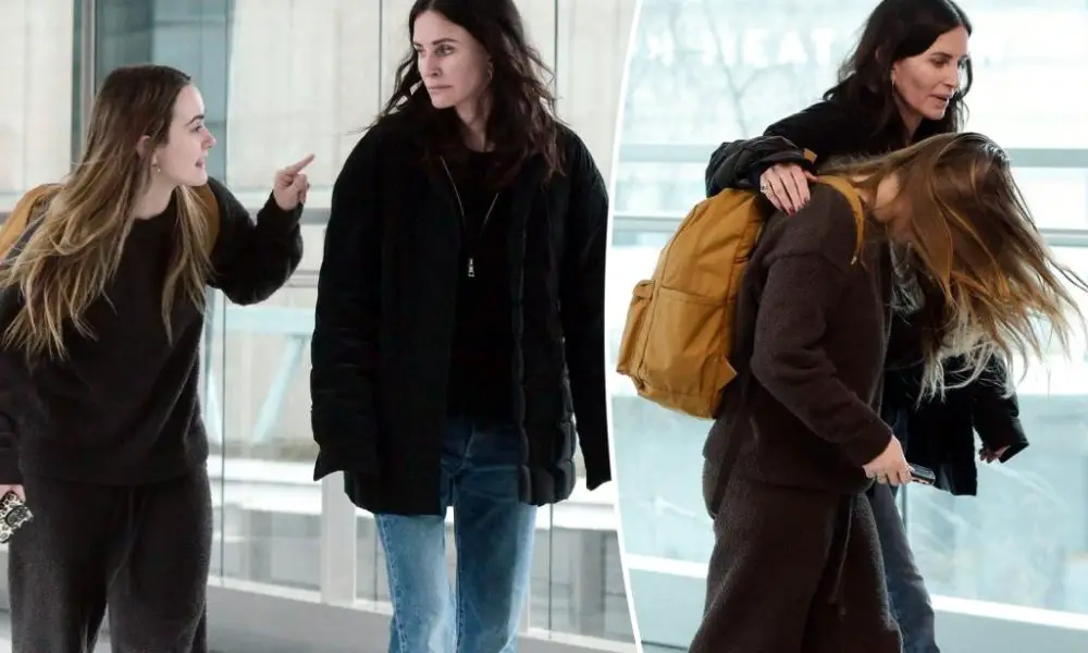courtney cox coco arquette have heated conversation london heathrow airport