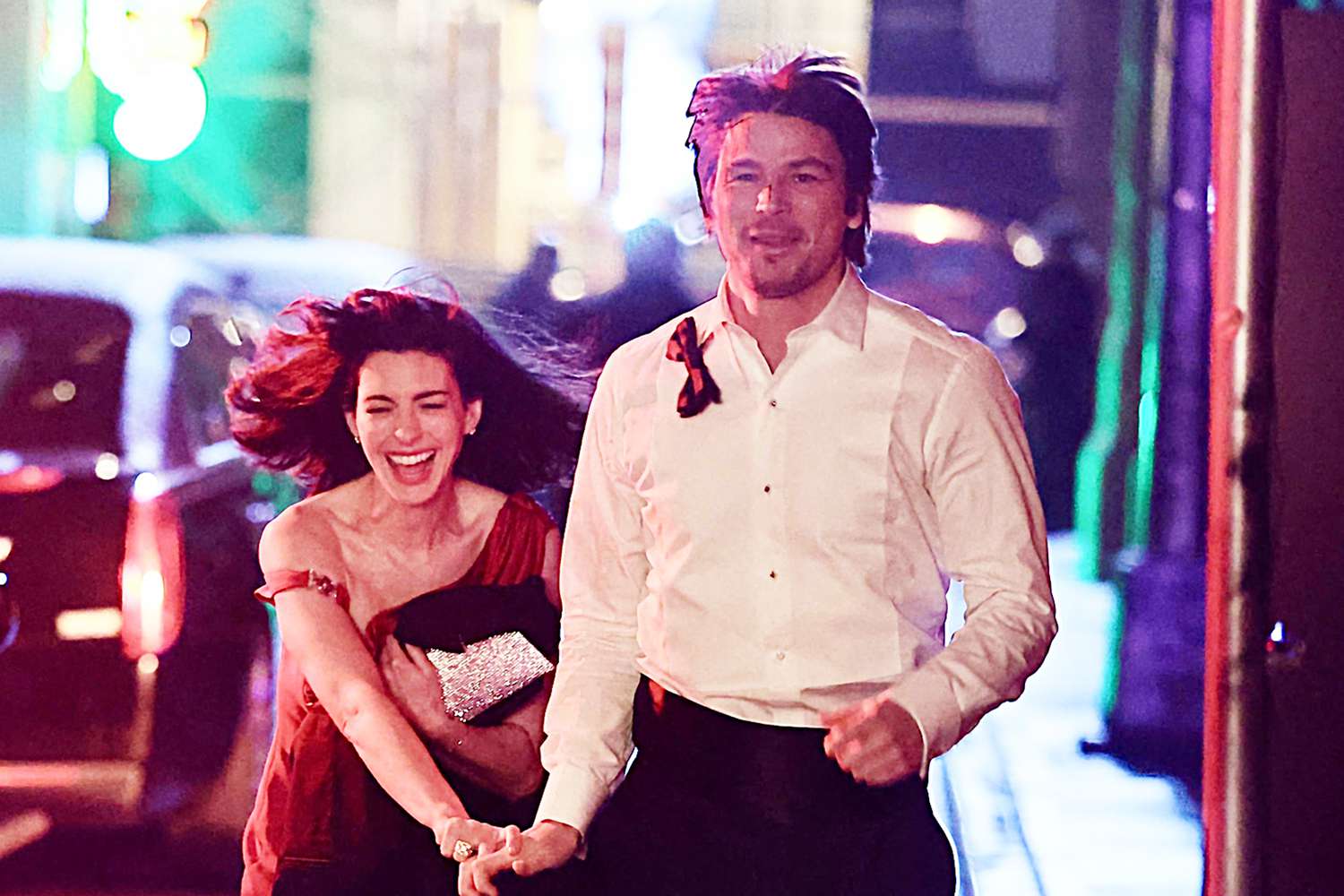 Anne Hathaway and Josh Hartnett are seen running and having fun on a untitled movie set in New York