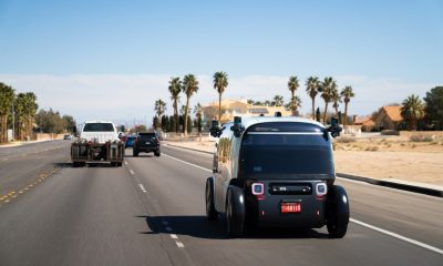 zoox robotaxi driving down a road in las vegas