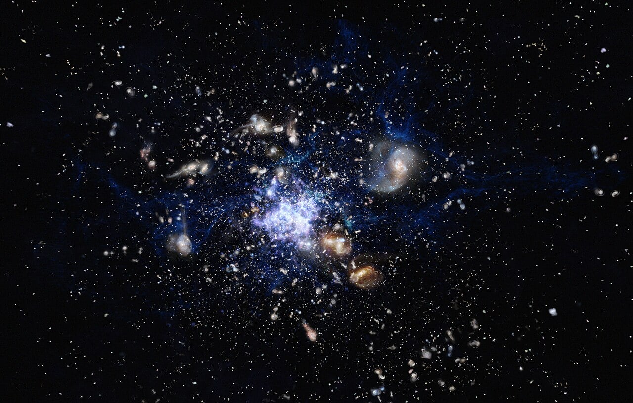 Artists impression of a protocluster forming in the early Universe 20260228 083248